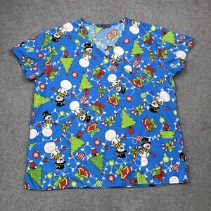 fashion medical nursing scrub top blue snowman tree size XL